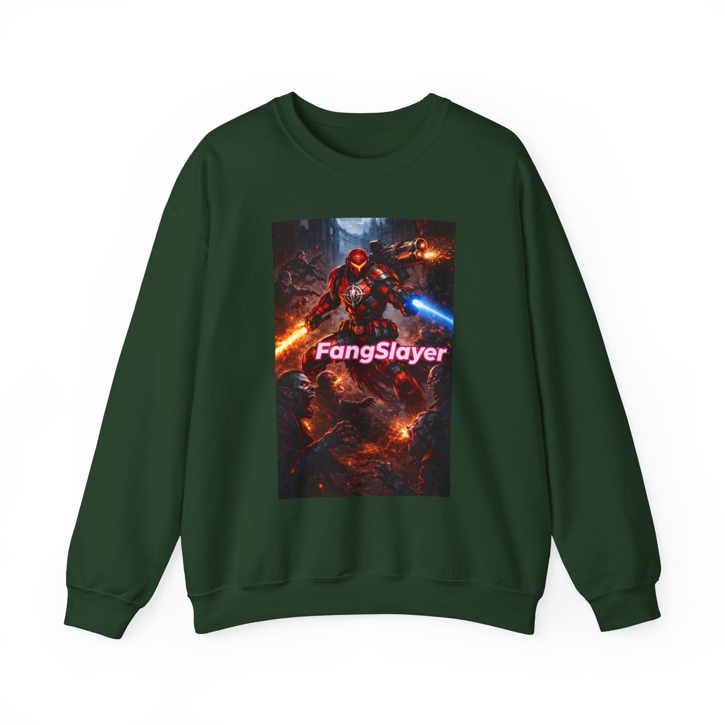 FangSlayer Crewneck Sweatshirt — Sci‑Fi Warrior Graphic Pullover
