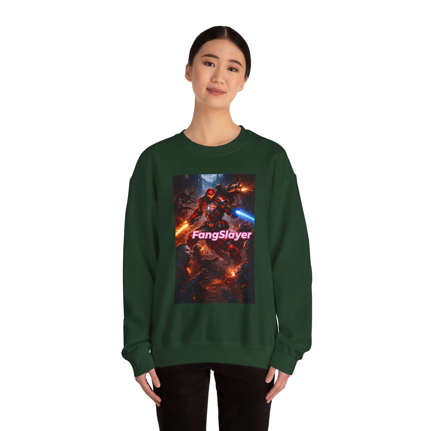 FangSlayer Crewneck Sweatshirt — Sci‑Fi Warrior Graphic Pullover