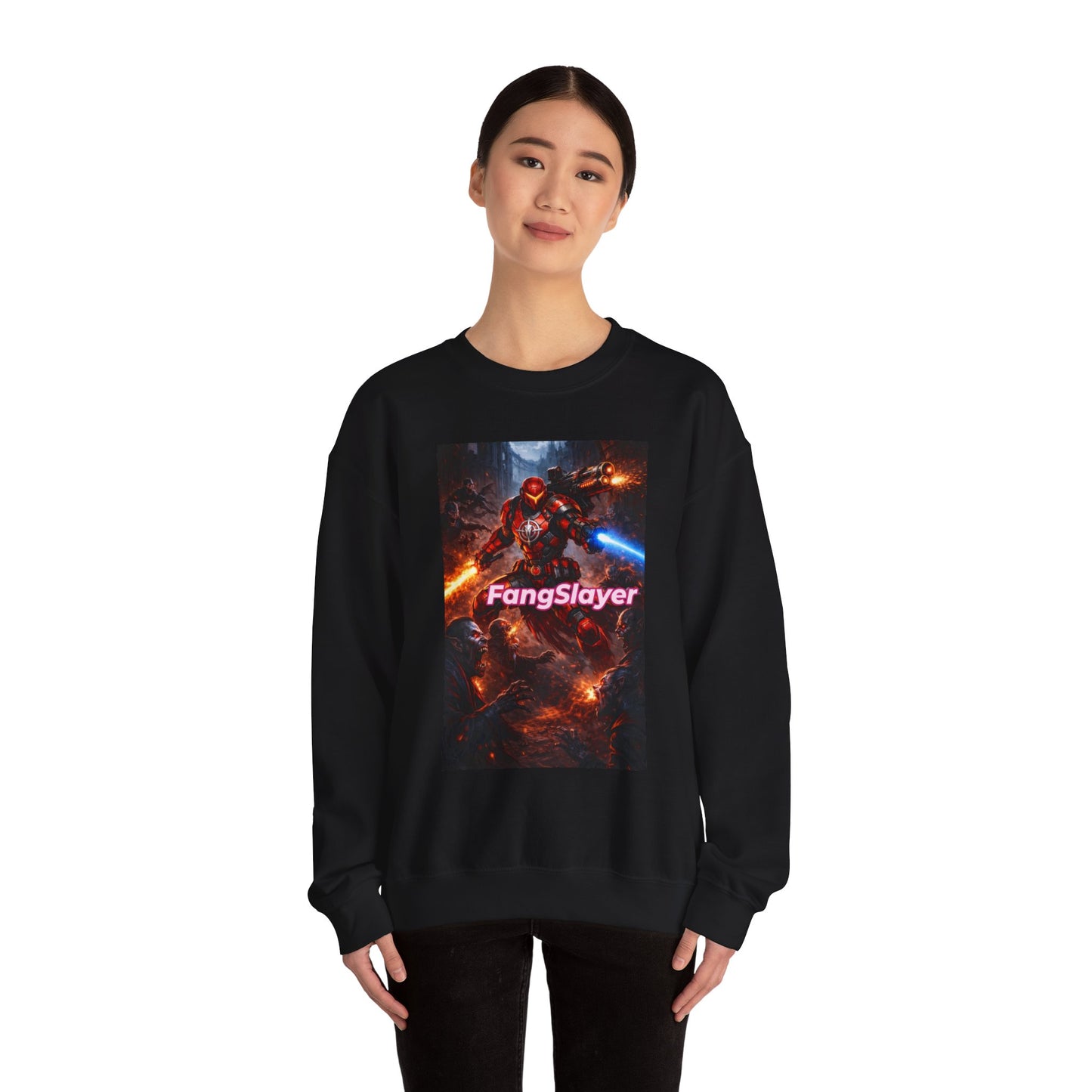 FangSlayer Crewneck Sweatshirt — Sci‑Fi Warrior Graphic Pullover