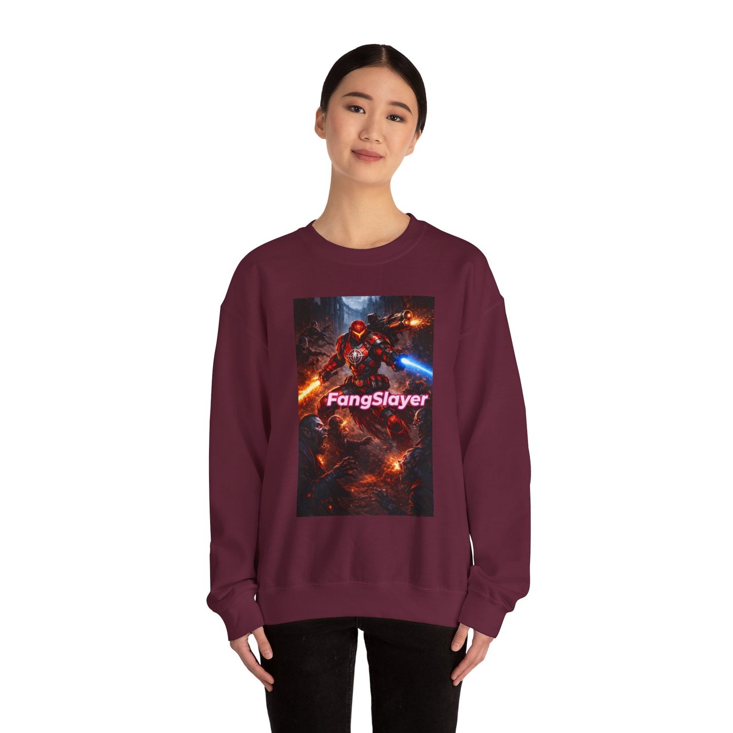 FangSlayer Crewneck Sweatshirt — Sci‑Fi Warrior Graphic Pullover