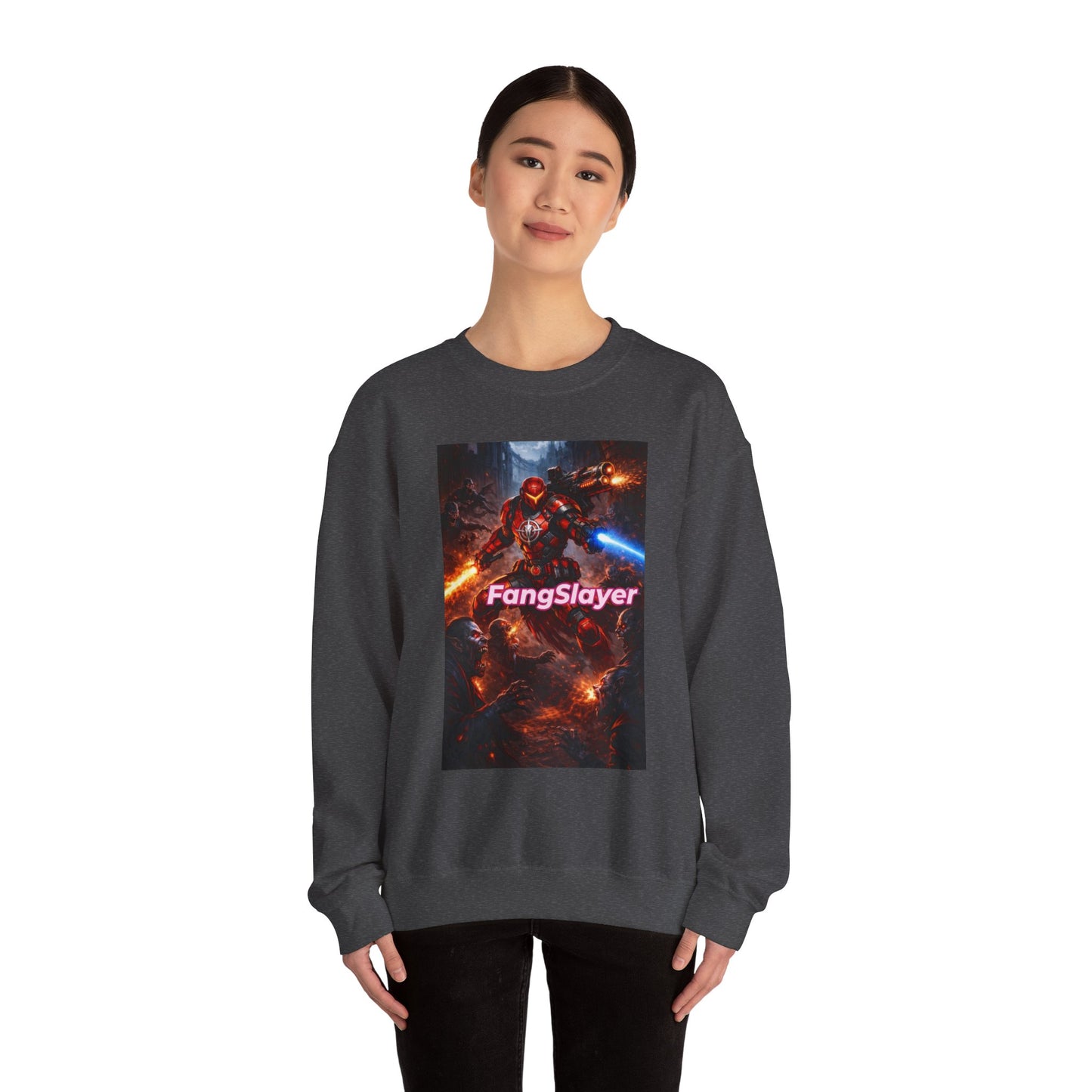 FangSlayer Crewneck Sweatshirt — Sci‑Fi Warrior Graphic Pullover