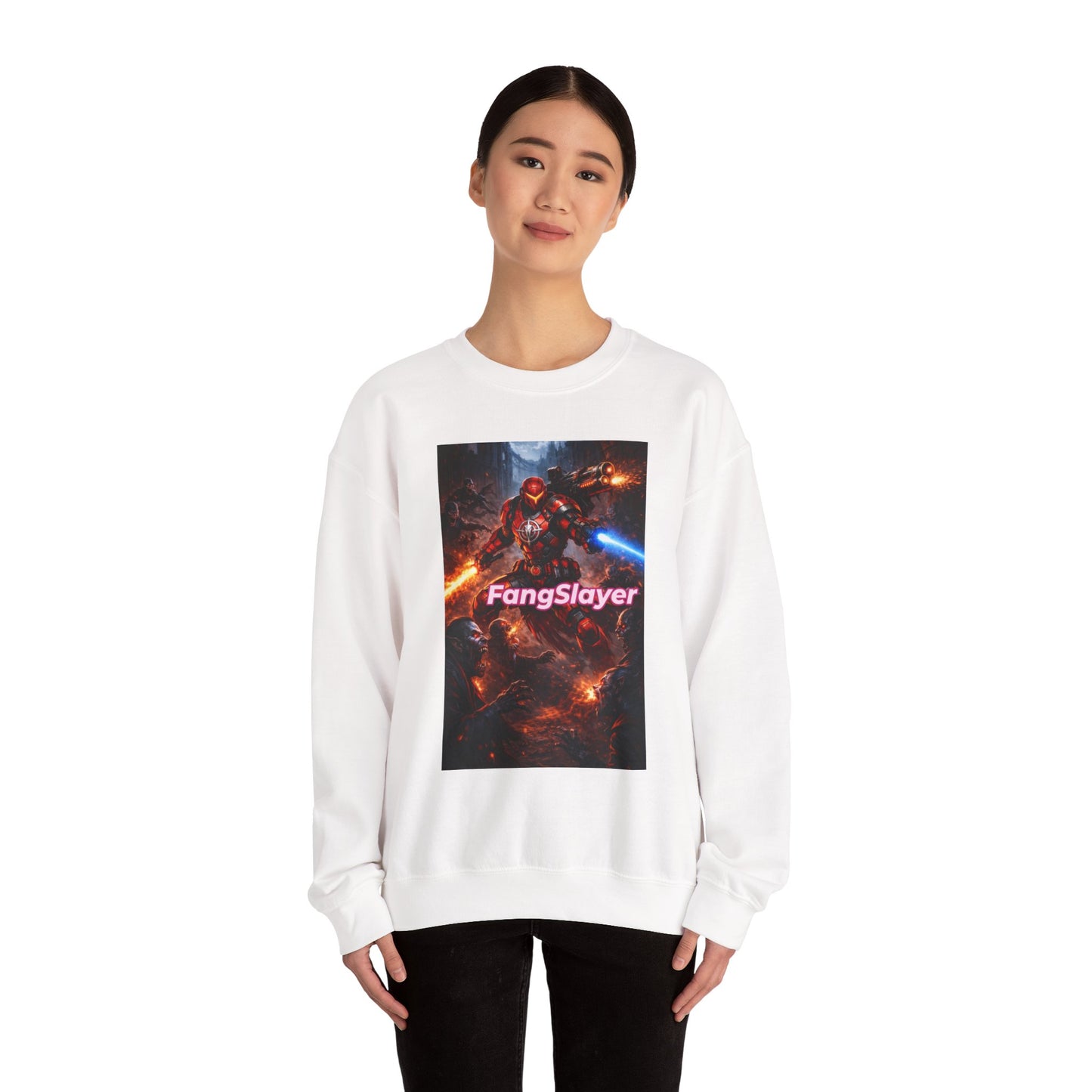 FangSlayer Crewneck Sweatshirt — Sci‑Fi Warrior Graphic Pullover