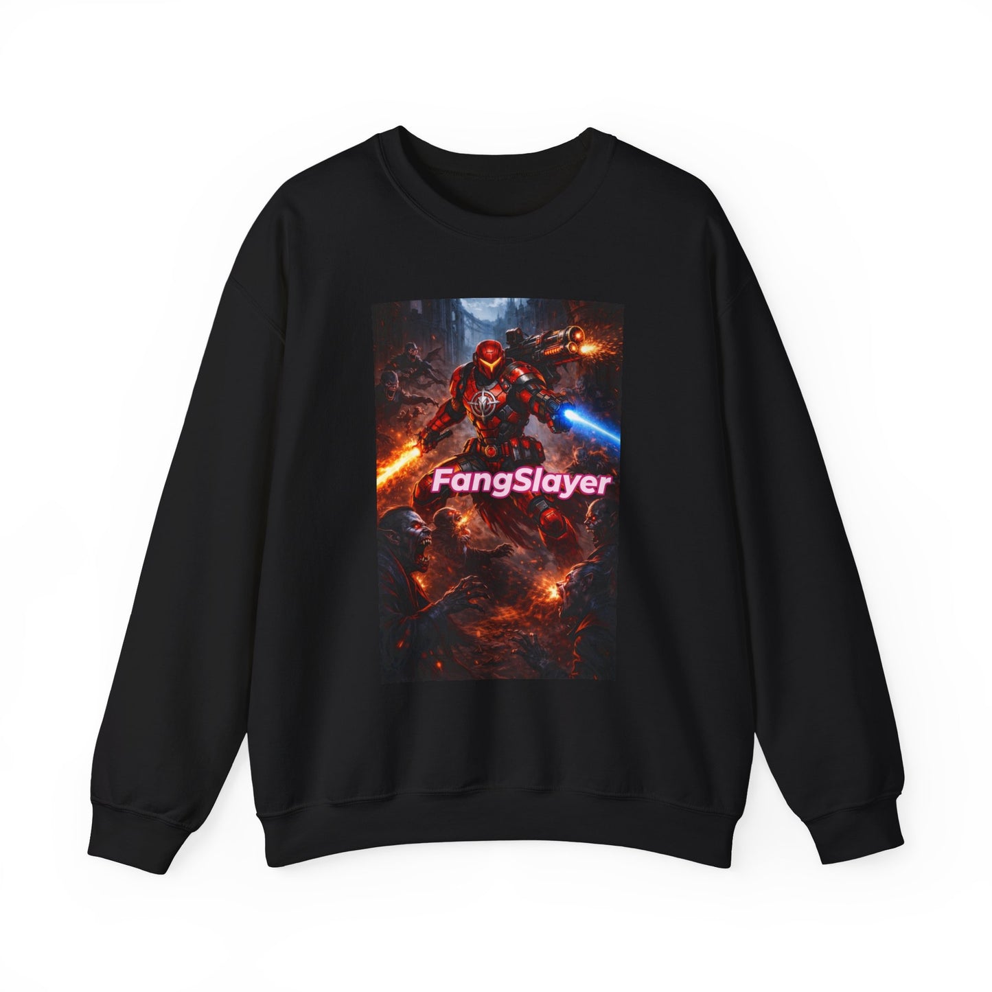FangSlayer Crewneck Sweatshirt — Sci‑Fi Warrior Graphic Pullover