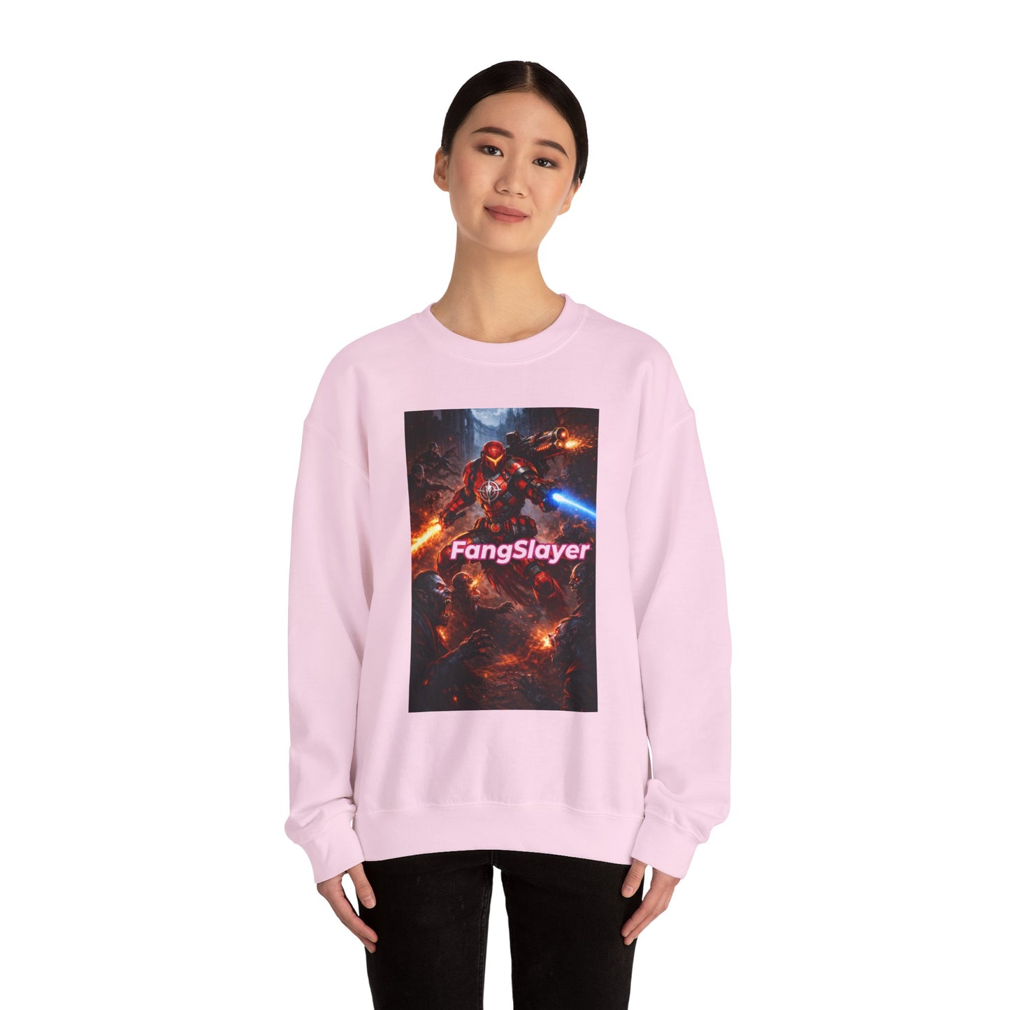FangSlayer Crewneck Sweatshirt — Sci‑Fi Warrior Graphic Pullover