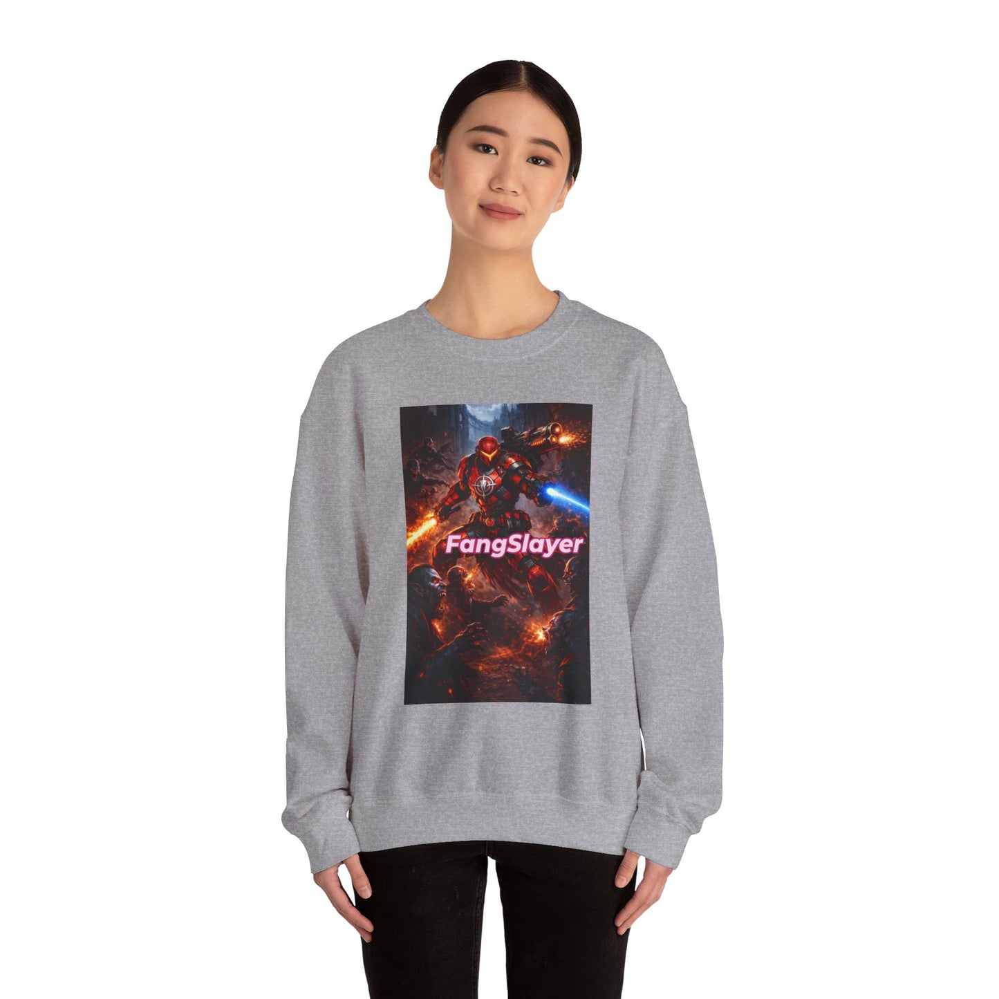 FangSlayer Crewneck Sweatshirt — Sci‑Fi Warrior Graphic Pullover