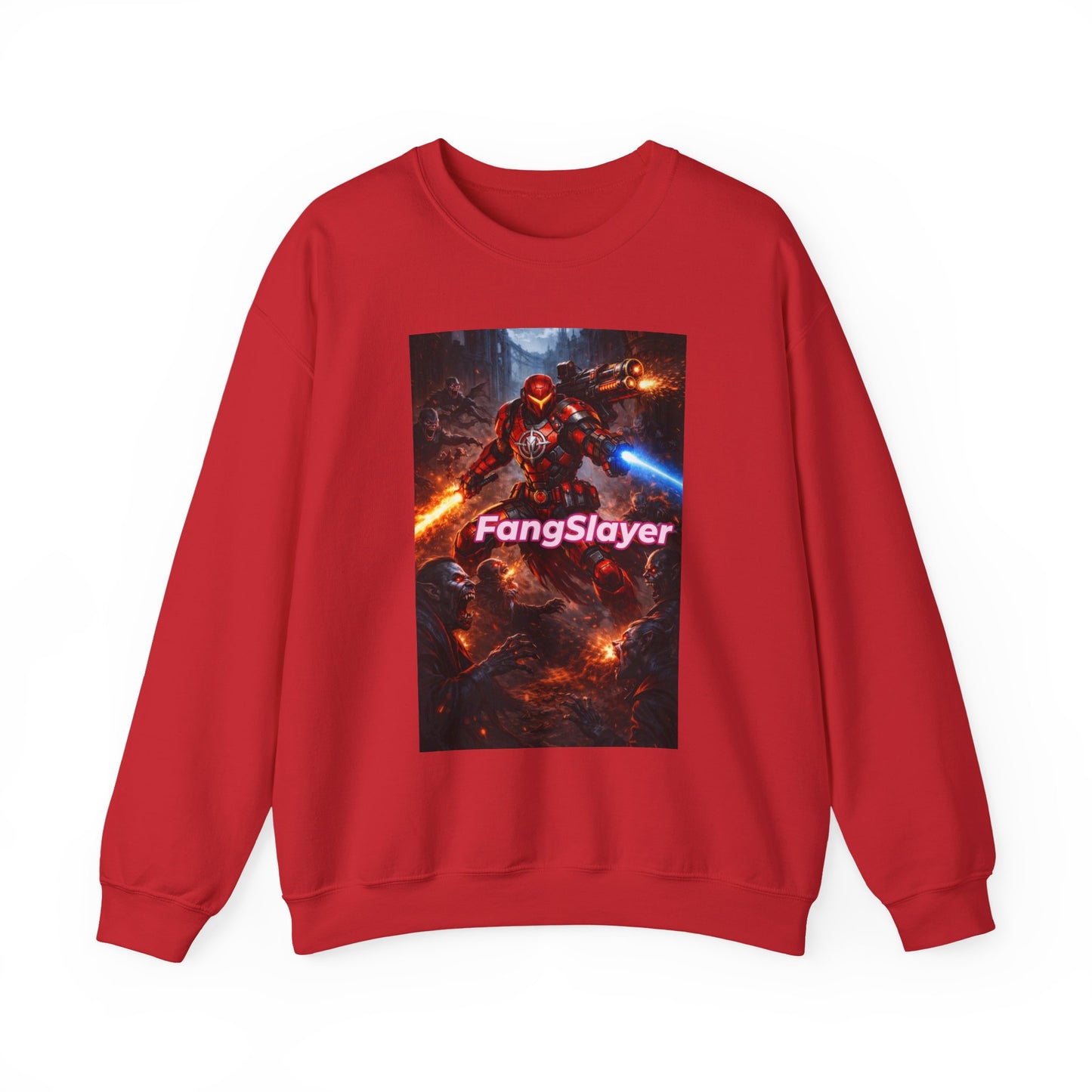 FangSlayer Crewneck Sweatshirt — Sci‑Fi Warrior Graphic Pullover