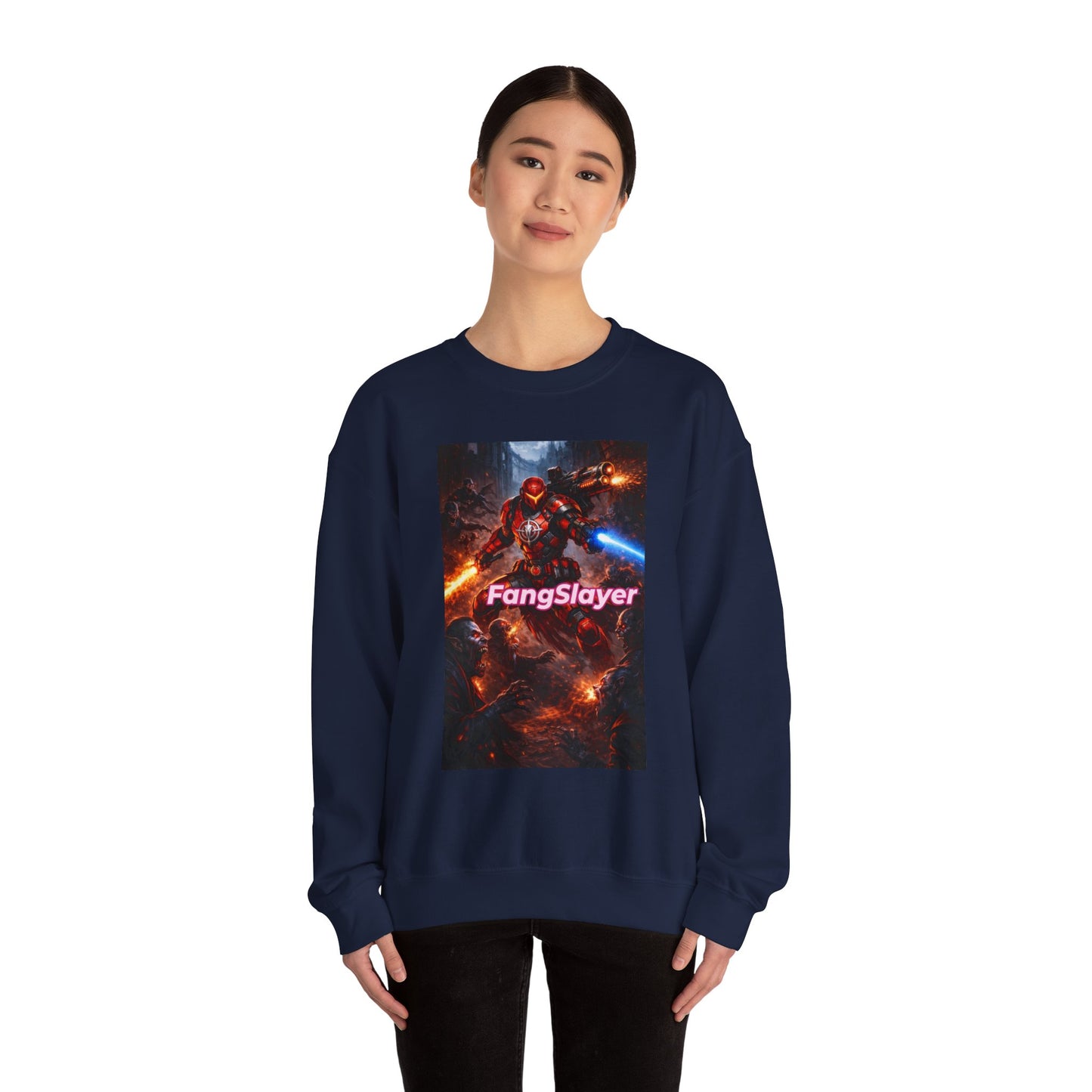 FangSlayer Crewneck Sweatshirt — Sci‑Fi Warrior Graphic Pullover