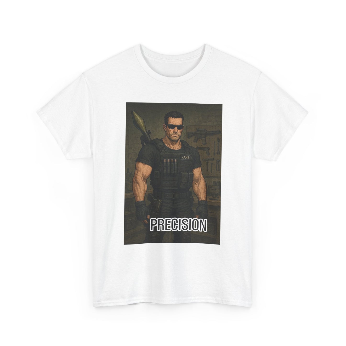 Precision Graphic Tee — Muscular Action Hero Design