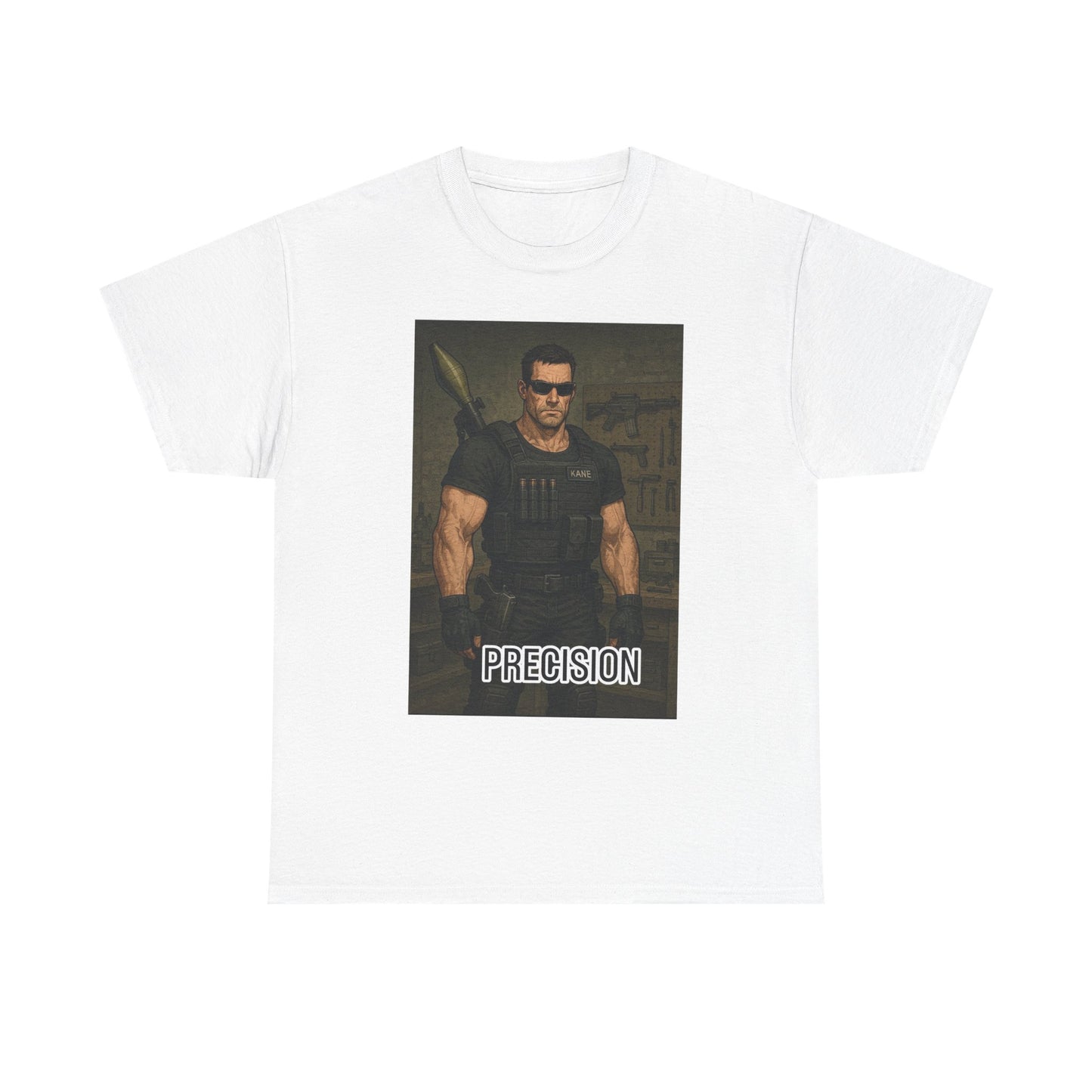 Precision Graphic Tee — Muscular Action Hero Design