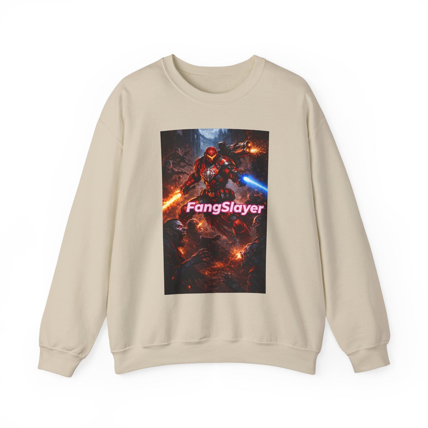 FangSlayer Crewneck Sweatshirt — Sci‑Fi Warrior Graphic Pullover