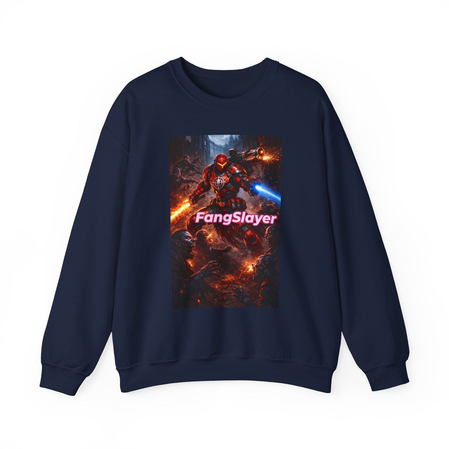 FangSlayer Crewneck Sweatshirt — Sci‑Fi Warrior Graphic Pullover
