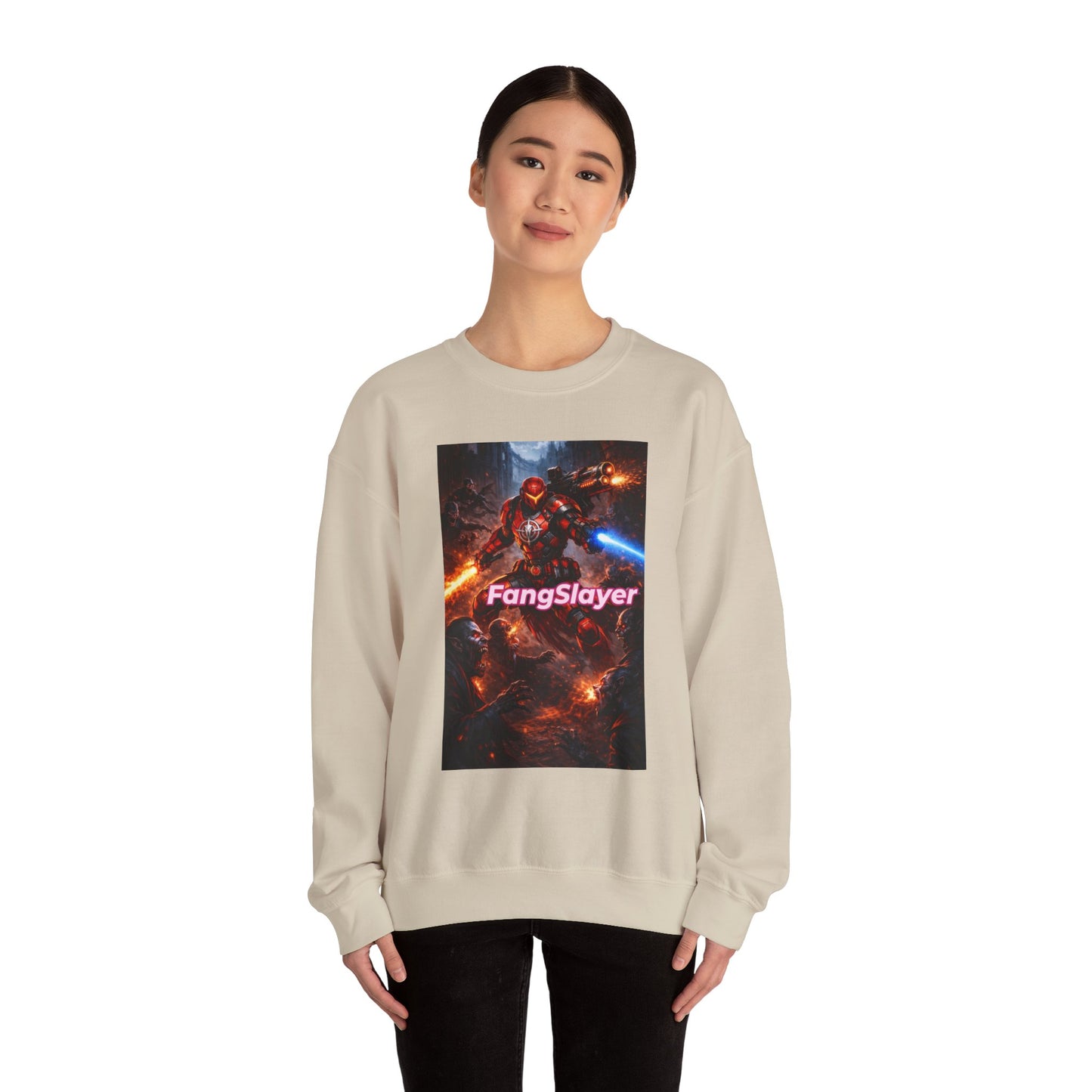 FangSlayer Crewneck Sweatshirt — Sci‑Fi Warrior Graphic Pullover